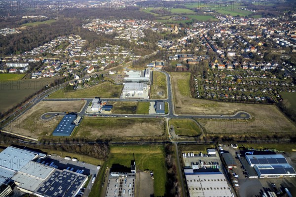Aerial view, construction site, new building, industrial estate Gewerbepark Gerthe Süd, An der