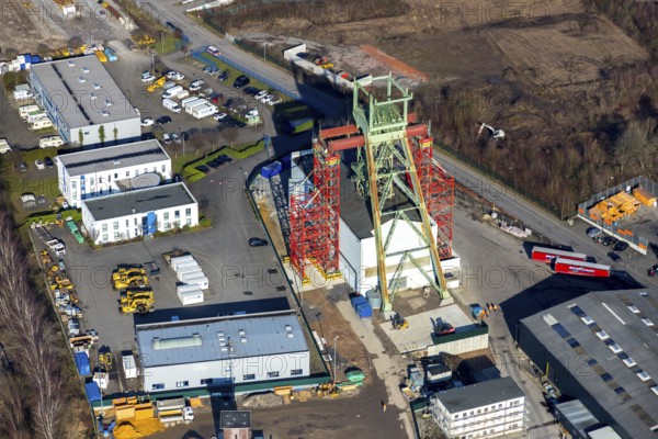 Aerial photograph, former Robert Müser colliery, restoration of winding tower, Werne, Bochum, Ruhr
