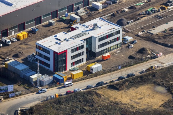 Aerial view, construction site new building BROCK Kehrtechnik GmbH, company headquarters,