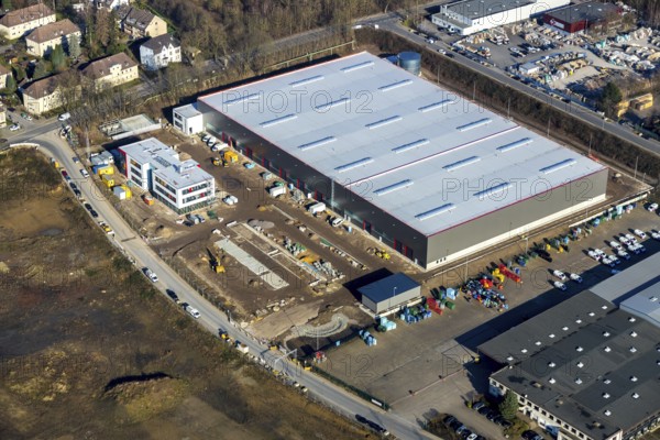 Aerial view, construction site new building BROCK Kehrtechnik GmbH, company headquarters,