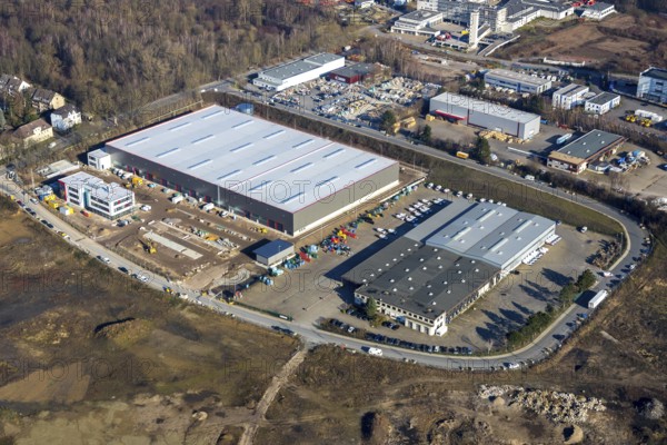 Aerial view, construction site new building BROCK Kehrtechnik GmbH, company headquarters,