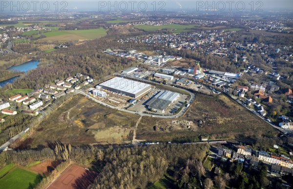 Aerial view, construction site new building BROCK Kehrtechnik GmbH, company headquarters,
