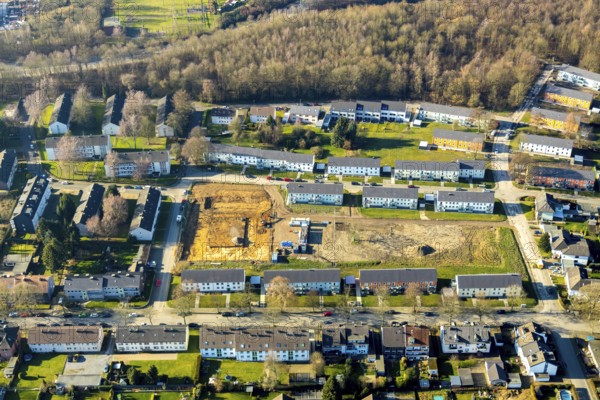 Aerial view, construction site, new build, new build flats Im Nörenberger Feld, Werne, Bochum, Ruhr