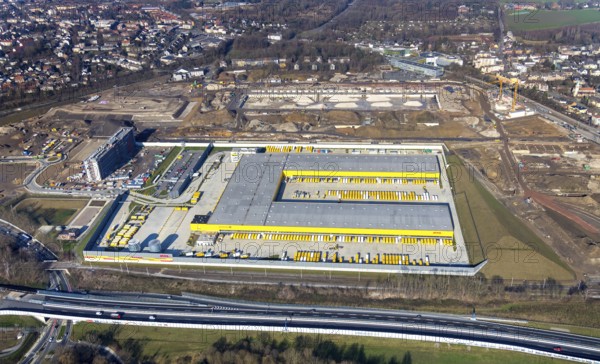 Aerial view, MARK 51Â°7 industrial estate, new construction DHL logistics parcel centre, former