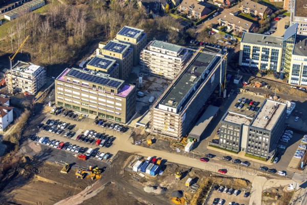 Aerial view, construction site and new building, residential area Seven Stones, Universitätsstraße,