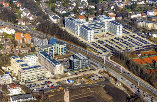 Aerial view, construction site and new construction residential quarter Seven Stones, office