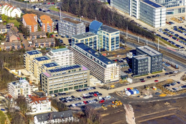 Aerial view, construction site and new building, residential area Seven Stones, Universitätsstraße,