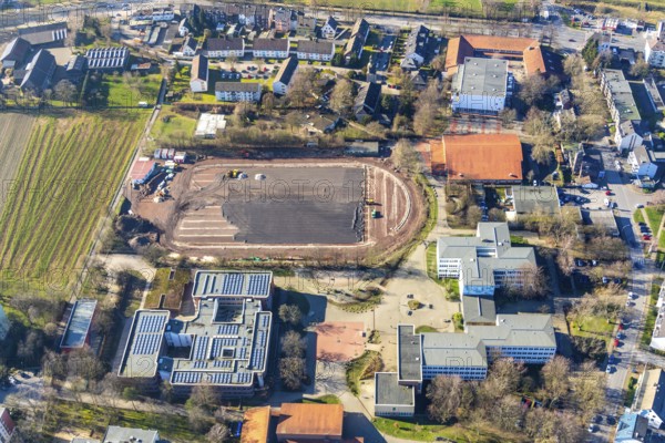 Aerial view, sports centre Westenfeld, construction site sports field, primary school Westenfeld,