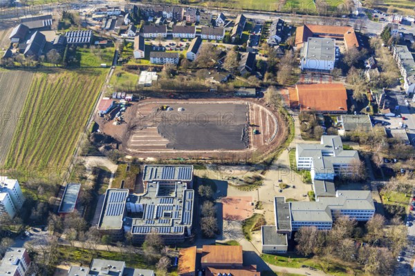 Aerial view, sports centre Westenfeld, construction site sports field, primary school Westenfeld,