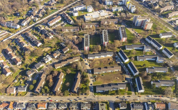 Aerial view, residential area and construction area Lohackerstrasse, Westenfeld, Bochum, Ruhr area,