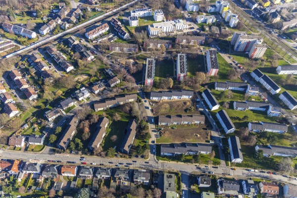 Aerial view, residential area and construction area Lohackerstrasse, Westenfeld, Bochum, Ruhr area,