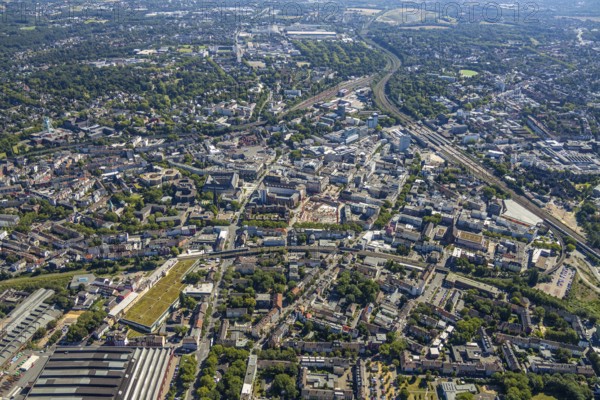 Aerial view, overview Bochum city centre from west to east with central station, Westring,