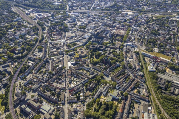 Aerial view, overview Bochum city centre from north to south with central station, mining museum,