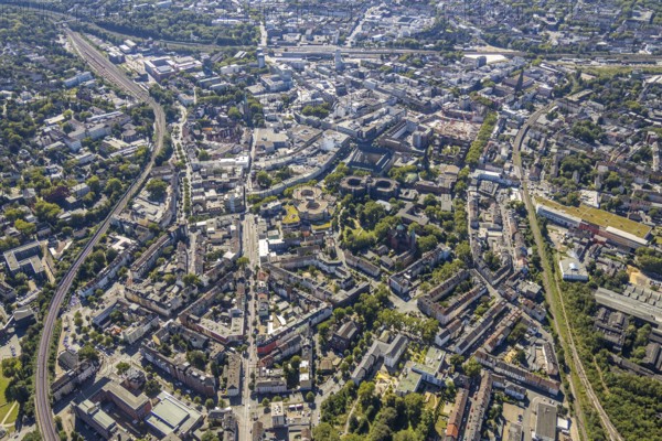 Aerial view, overview Bochum city centre from north to south with central station, mining museum,