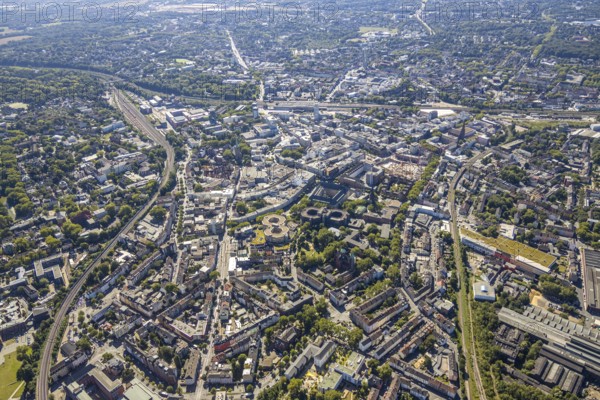 Aerial view, overview Bochum city centre from north to south with central station, mining museum,