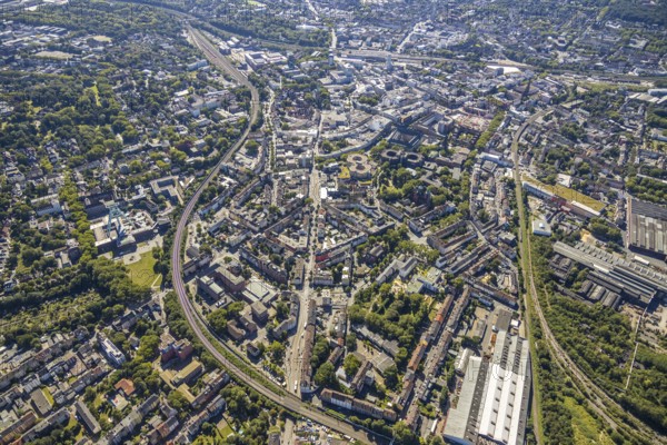 Aerial view, overview Bochum city centre from north to south with central station, mining museum,
