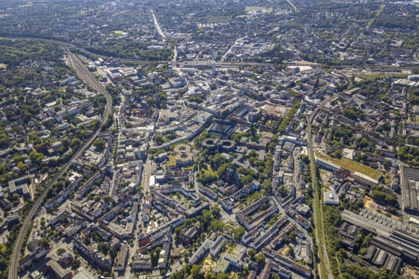 Aerial view, overview Bochum city centre from north to south with central station, mining museum,