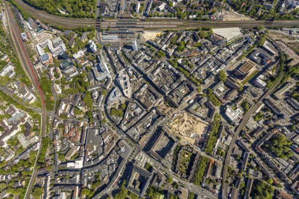 Aerial view, city centre view, Bochum main station, construction site and new construction for