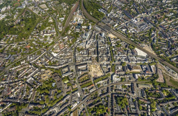 Aerial view, city centre view, Bochum main station, construction site and new construction for