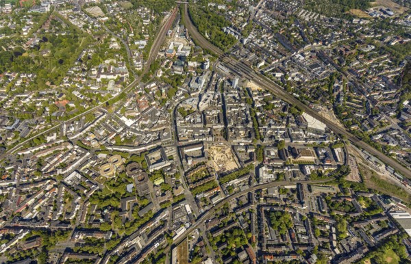 Aerial view, city centre view, Bochum main station, construction site and new construction for