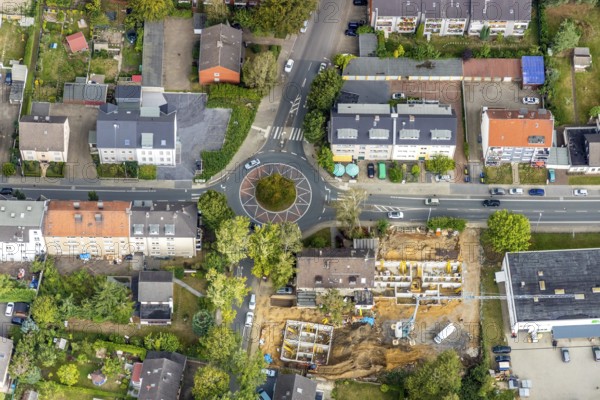Aerial view, construction site new building Hansastraße 84 at roundabout, Wattenscheid, Bochum,