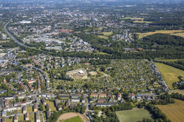 Aerial view, allotment garden site with new club house, allotment garden association Bochum-Riemke