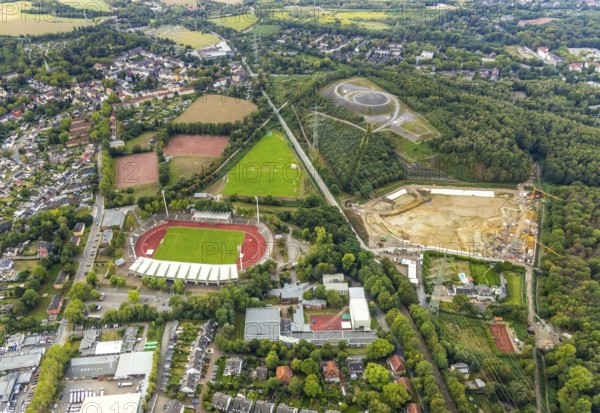 Aerial view, Lohrheide stadium, Rheinelbe slag heap, Wattenscheider Bach rainwater retention basin