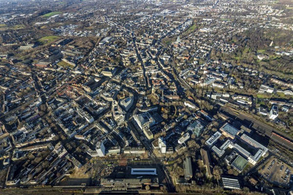 Aerial view, overview of Bochum with main station and station forecourt, Brche car park P1,