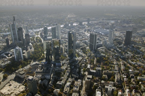 Frankfurt, skyline, skyscrapers, Deutsche Bank, DEU Germany Germany, Europe, aerial view,