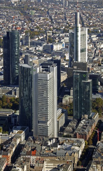 Frankfurt, skyline, skyscrapers, Deutsche Bank, DEU Germany Germany, Europe, aerial view,