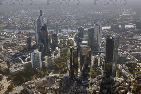 Frankfurt, skyline, skyscrapers, Deutsche Bank, DEU Germany Germany, Europe, aerial view,