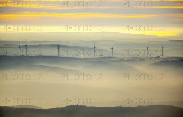 View from the Taunus over the Rhine Valley into the Hunsrück near Boppard, wind power plants on the