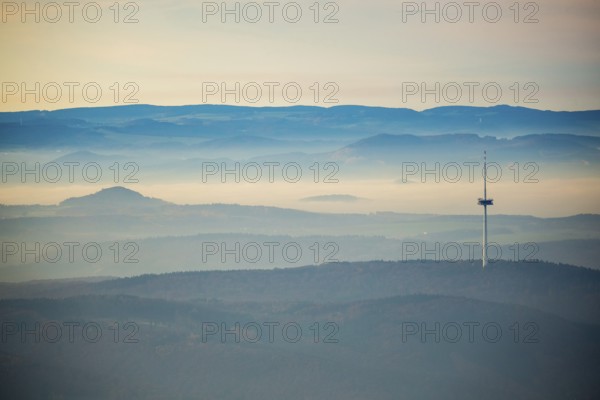 View from the Rhine valley to the heights of the Hunsrück with television tower of Koblenz,
