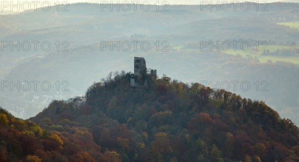 Drachenfels castle ruins, Rhine valley, Rhine, colourful autumn leaves, autumn forest,