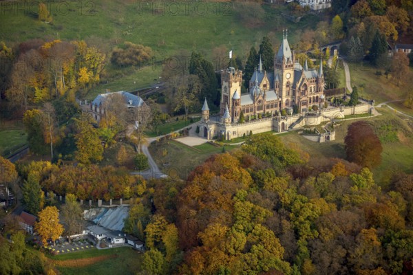 Drachenburg Castle in colourful autumn leaves, Rhine Valley, Königswinter, Siebengebierge between