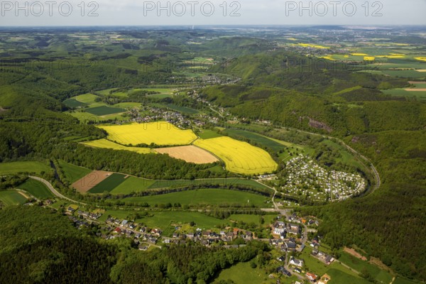 Rurschleife with camping site, agricultural fields and rape fields near Heimbach, Heimbach, Eifel,