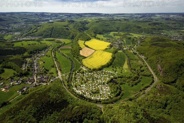 Rurschleife with camping site, agricultural fields and rape fields near Heimbach, Heimbach, Eifel,