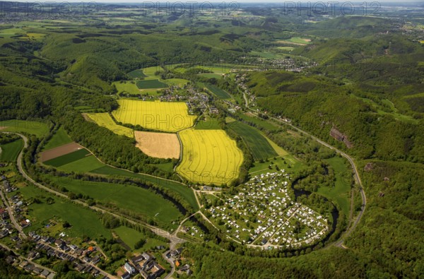Rurschleife with camping site, agricultural fields and rape fields near Heimbach, Heimbach, Eifel,