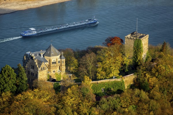 Rheineck Castle in the Rhine Valley, Rhine, autumn leaves, ship, freighter, inland navigation, gas