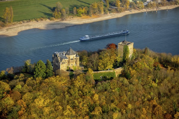 Rheineck Castle in the Rhine Valley, Rhine, autumn leaves, ship, freighter, inland navigation, gas