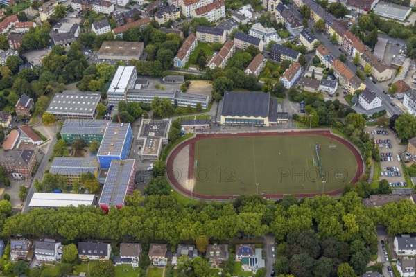 Aerial view, vocational college and Otto-Schott-Realschule as well as sports field with