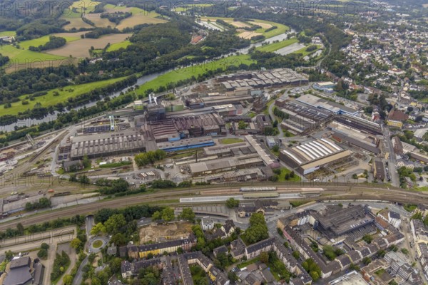 Aerial view, stainless steel plant Witten, main station Witten and construction site for new hotel