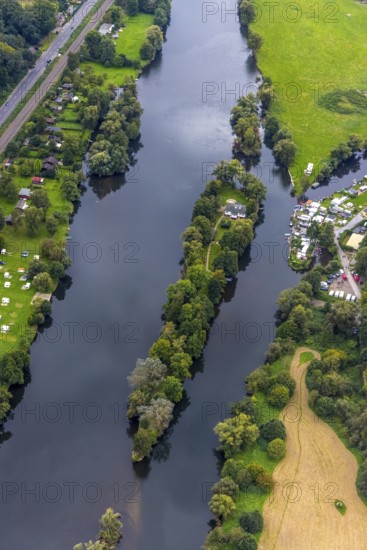 Aerial view, river Ruhr with the camping site Steger and the Ruhrinsel in the district Bommern in