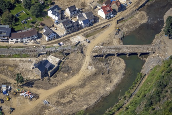 Aerial view, flood area on the river Ahr with destroyed bridges in the Kreuzberg district,