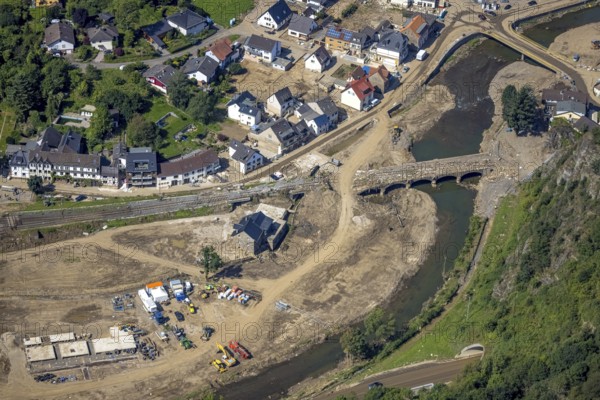 Aerial view, flood area on the river Ahr with destroyed bridges in the Kreuzberg district,