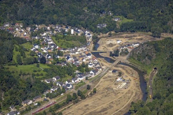 Aerial view, flood area at the river Ahr with destroyed bridges and historical sight Kreuzberg