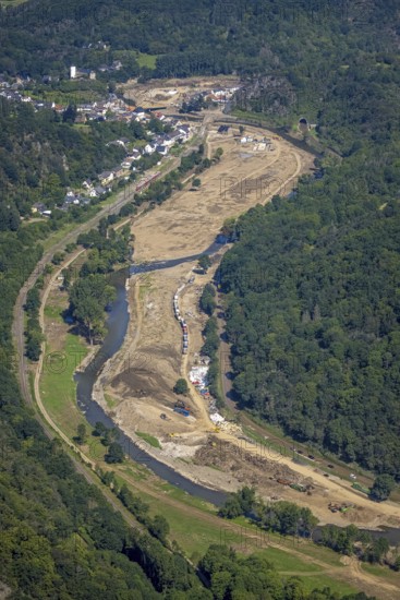 Aerial view, flood area at the river Ahr with historical sight Burg Kreuzberg in the district