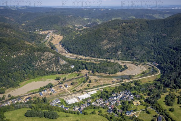 Aerial view, flood area at the river Ahr in the district Pützfeld in Ahrbrück, Ahr valley,