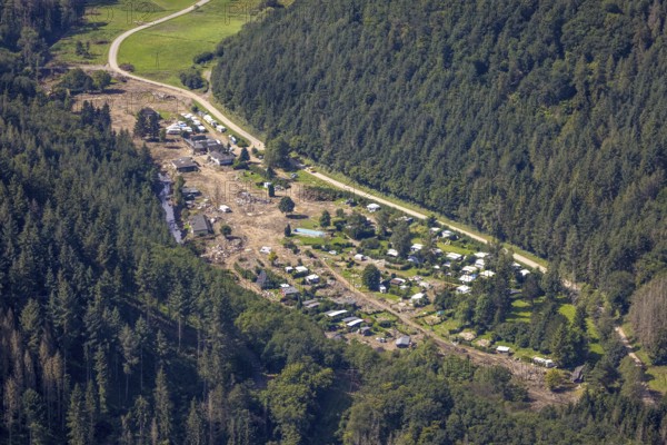 Aerial view, flooded area at the river Ahr and destroyed by flood disaster campsite Sahrtal Ute