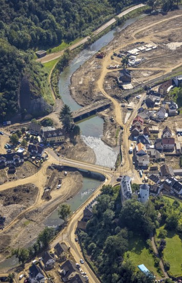 Aerial view, flooded area at the river Ahr with destroyed bridges and historical sight Burg
